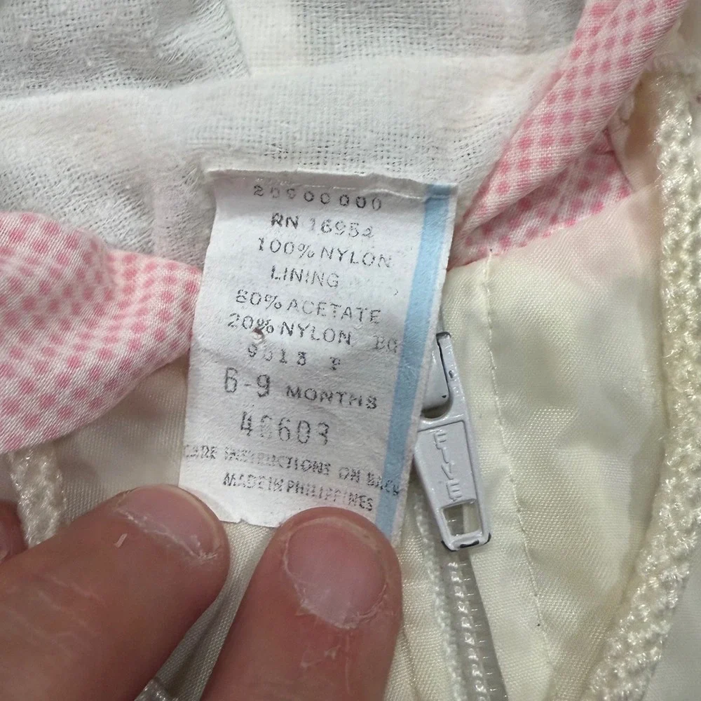 Vintage Baby Girl White Pink Ruffle Bird Windbreaker Jacket Hooded 6-9 Months